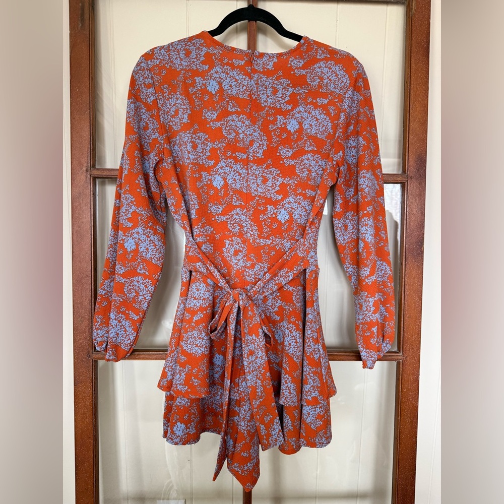 Floral Print Blue and Orange V Neck Long Sleeve Tiered Ruffle Romper - Small - Picture 8 of 10
